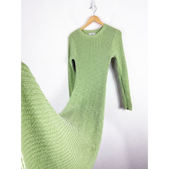 Mango Pistachio Knit Ribbed Long Sleeve Midi Dress Size Large Stretch Vacation - Picture 11 of 13